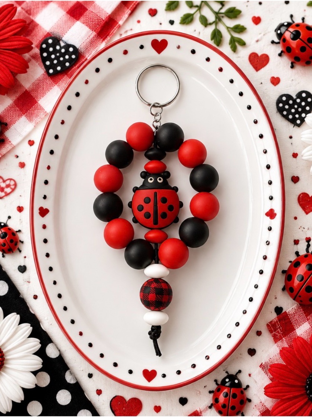 Hand Crafted Red & Black Ladybug Beaded Keychain